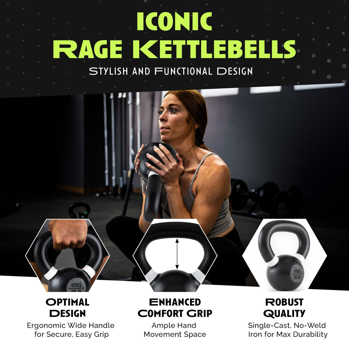 Rage Fitness Single-Cast Iron Kettlebell – Powder-Coated Strength Training Weight, 4–24 KG