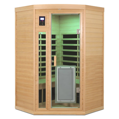 Two-Person Low EMF Far-Infrared Indoor Corner Sauna with Bluetooth – Natural Hemlock