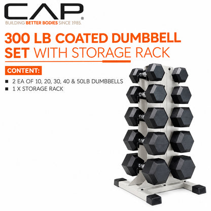 Dumbbell Set with Rack, Rubber Coated Hex Free Weight Set | 100–300 Lb Options, Vertical Space-Saving Storage for Home Gym Strength Training