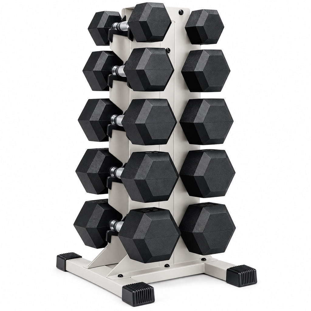 Dumbbell Set with Rack, Rubber Coated Hex Free Weight Set | 100–300 Lb Options, Vertical Space-Saving Storage for Home Gym Strength Training