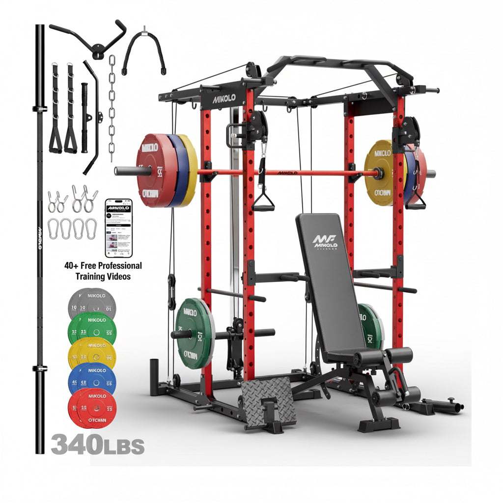 Power Rack Cage, 1500LBS Weight Cage with 800LB Capacity Adjustable Weight Bench, 1500LB Capacity Barbell and 340LB Colorful Weight Plate Set ( Red )