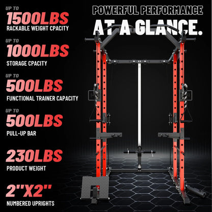 Power Rack Cage, 1500LBS Weight Cage with 800LB Capacity Adjustable Weight Bench, 1500LB Capacity Barbell and 340LB Colorful Weight Plate Set ( Red )