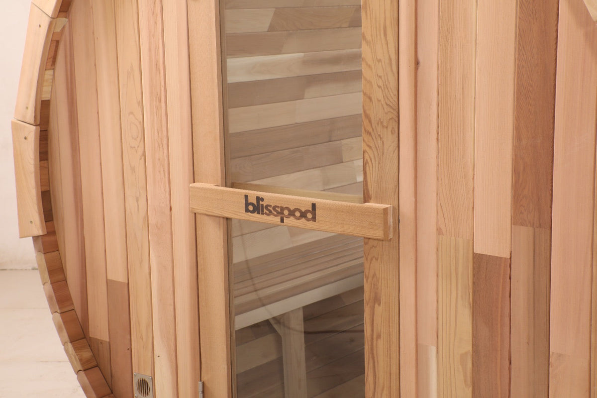 Blisspod Prague 4–6 Person Outdoor Cedar Barrel Sauna with Full Glass Back