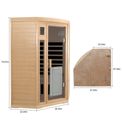 Two-Person Low EMF Far-Infrared Indoor Corner Sauna with Bluetooth – Natural Hemlock