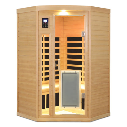 Two-Person Low EMF Far-Infrared Indoor Corner Sauna with Bluetooth – Natural Hemlock