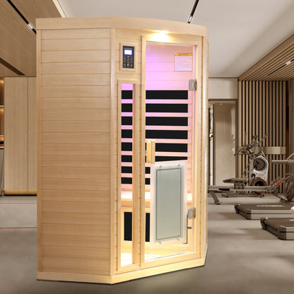 Two-Person Low EMF Far-Infrared Indoor Corner Sauna with Bluetooth – Natural Hemlock