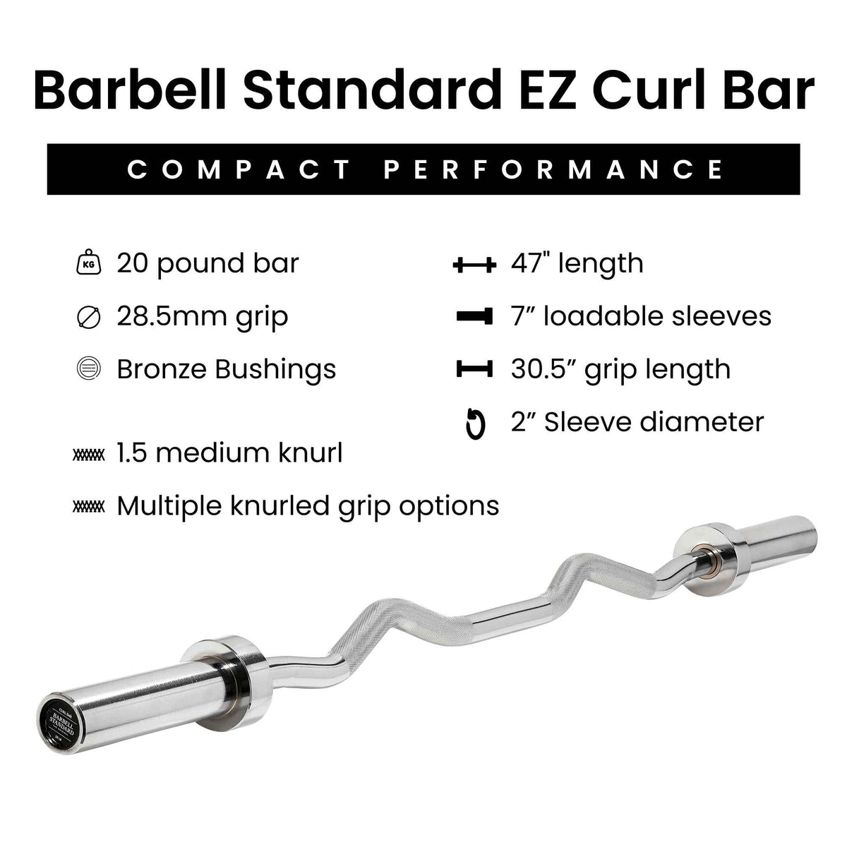 Barbell Standard Olympic EZ Curl Bar – 206,000 PSI Steel Curl Bar with Bronze Bushings and 380 lb Capacity