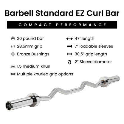 Barbell Standard Olympic EZ Curl Bar – 206,000 PSI Steel Curl Bar with Bronze Bushings and 380 lb Capacity