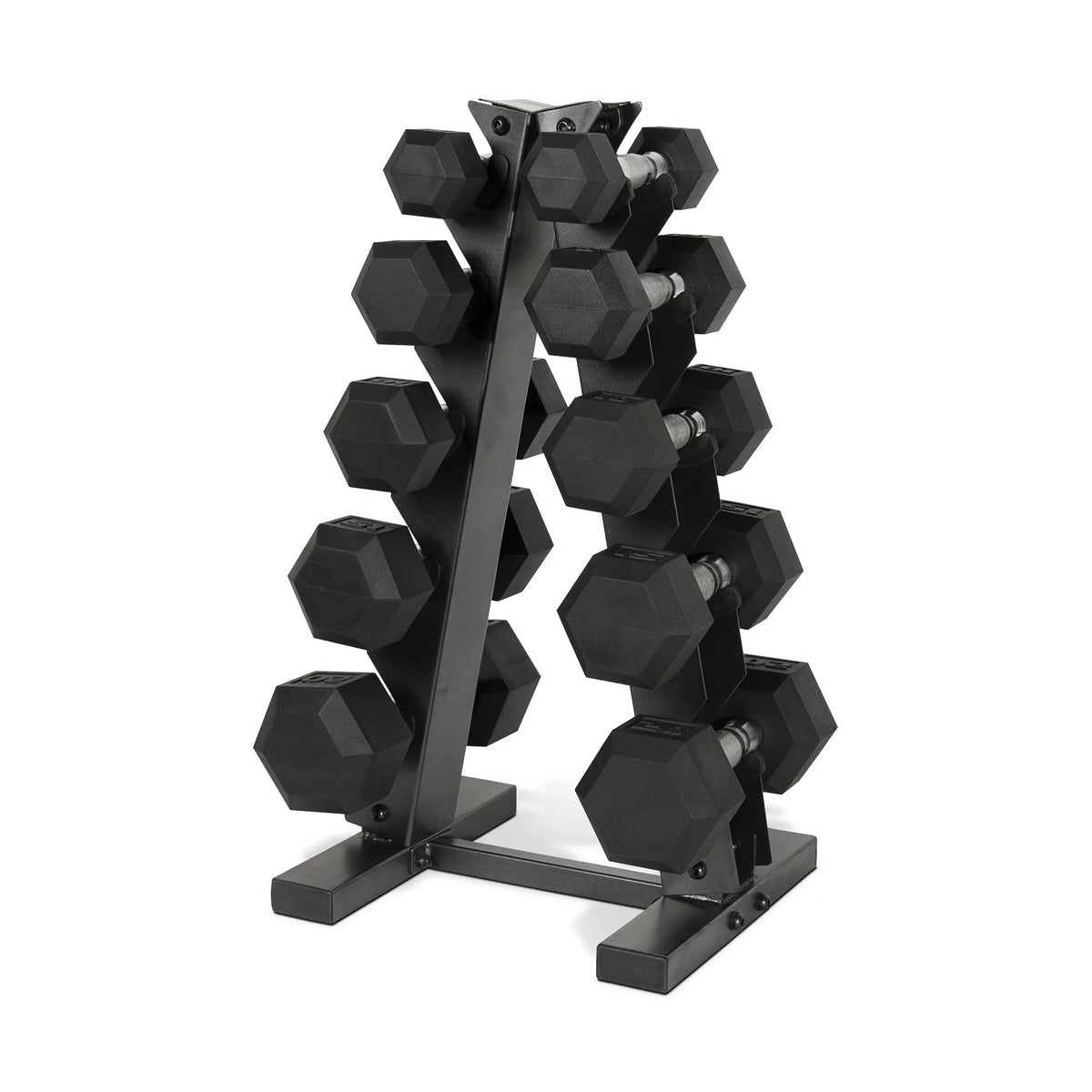 150 Lb Coated Rubber Hex Dumbbell Weight Set with A-Frame Rack, Black