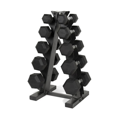150 Lb Coated Rubber Hex Dumbbell Weight Set with A-Frame Rack, Black