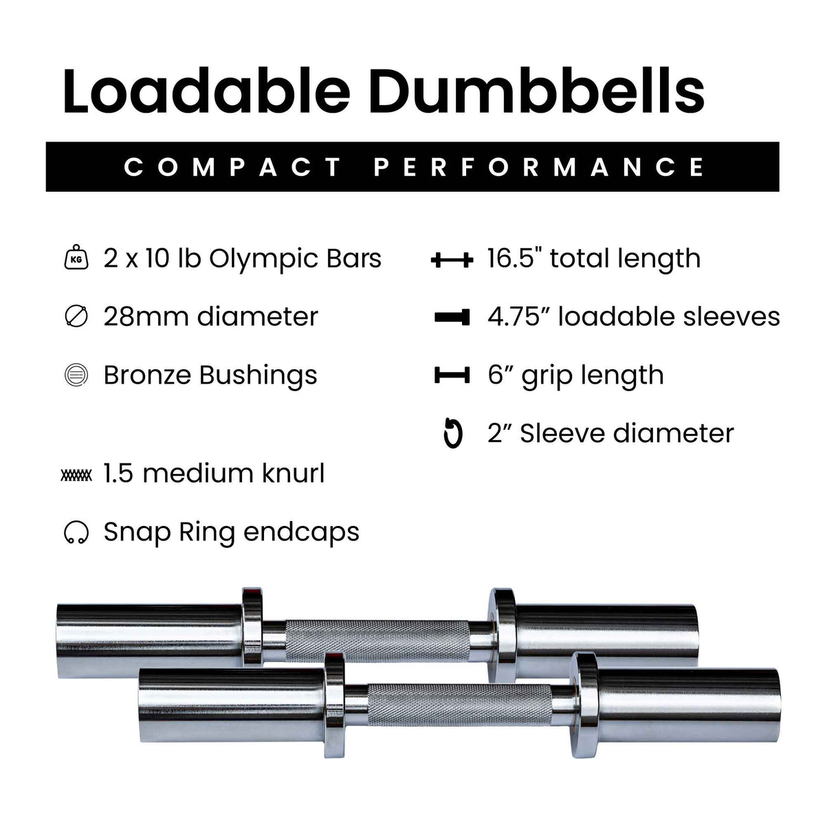 Barbell Standard Olympic Loadable Dumbbell Bars – Pair of 16.5-Inch Loadable Dumbbell Handles with 210 lb Capacity Each