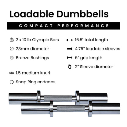 Barbell Standard Olympic Loadable Dumbbell Bars – Pair of 16.5-Inch Loadable Dumbbell Handles with 210 lb Capacity Each