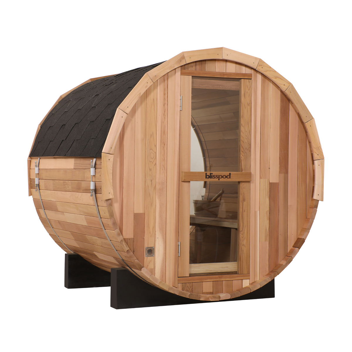 Blisspod Prague 4–6 Person Outdoor Cedar Barrel Sauna with Full Glass Back