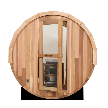 Blisspod Prague 4–6 Person Outdoor Cedar Barrel Sauna with Full Glass Back