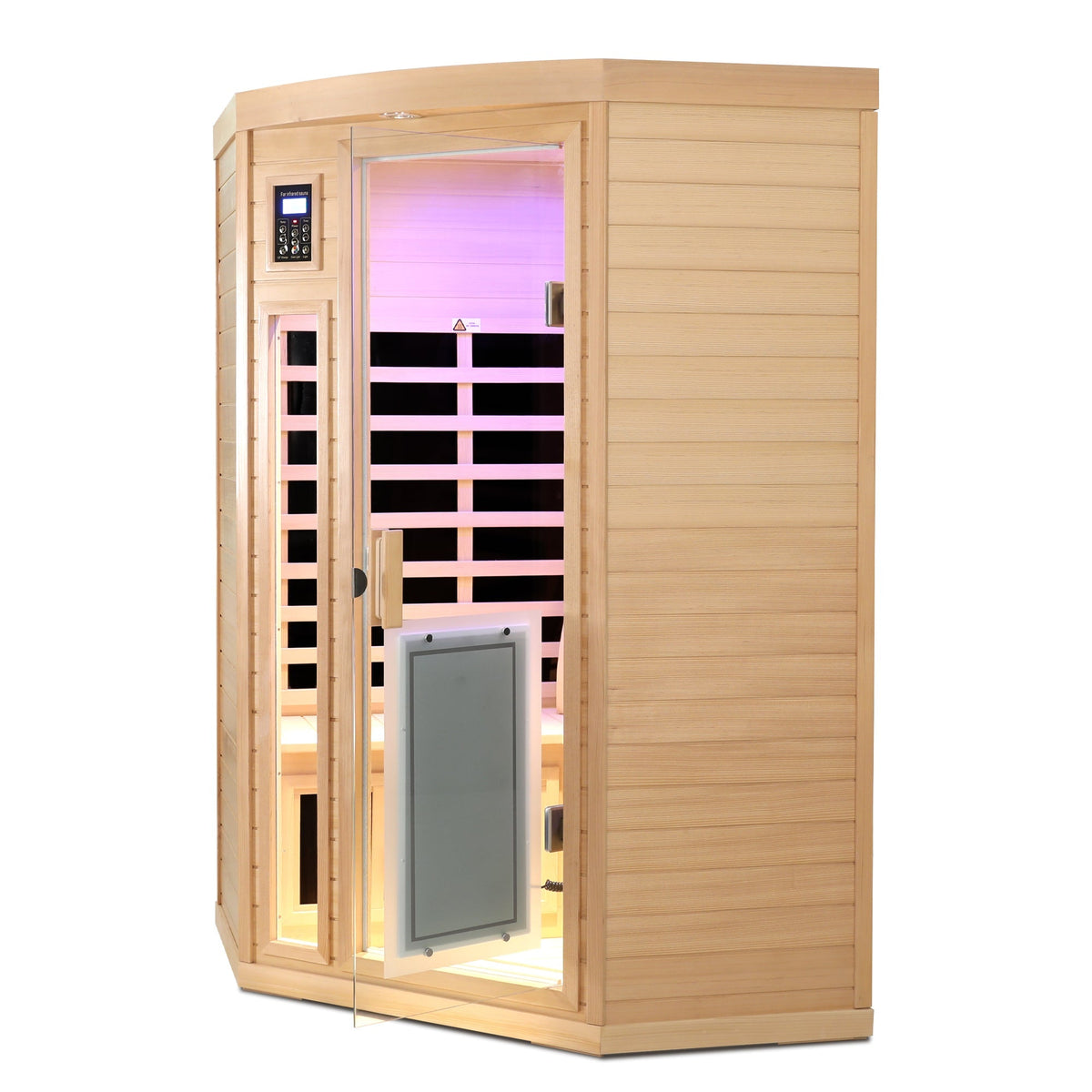 Two-Person Low EMF Far-Infrared Indoor Corner Sauna with Bluetooth – Natural Hemlock