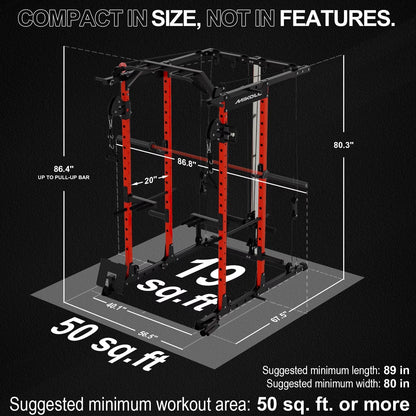 Power Rack Cage, 1500LBS Weight Cage with 800LB Capacity Adjustable Weight Bench, 1500LB Capacity Barbell and 340LB Colorful Weight Plate Set ( Red )