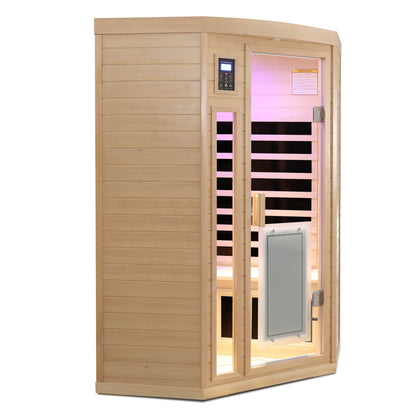 Two-Person Low EMF Far-Infrared Indoor Corner Sauna with Bluetooth – Natural Hemlock