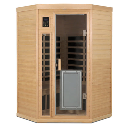 Two-Person Low EMF Far-Infrared Indoor Corner Sauna with Bluetooth – Natural Hemlock