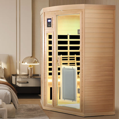 Two-Person Low EMF Far-Infrared Indoor Corner Sauna with Bluetooth – Natural Hemlock