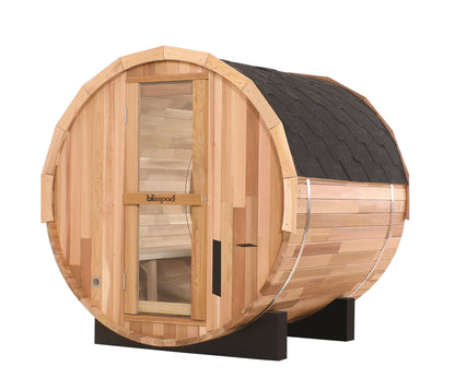Blisspod Prague 4–6 Person Outdoor Cedar Barrel Sauna with Full Glass Back