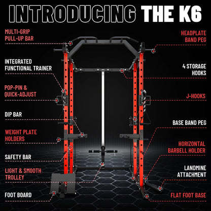 Power Rack Cage, 1500LBS Weight Cage with 800LB Capacity Adjustable Weight Bench, 1500LB Capacity Barbell and 340LB Colorful Weight Plate Set ( Red )