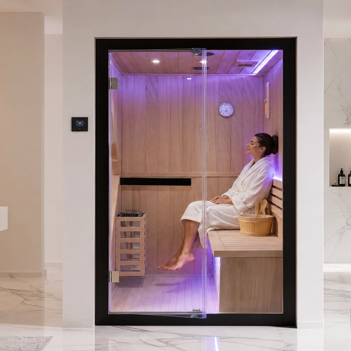 3000W Two-Person Traditional Indoor Sauna with Stove &amp; LED Lighting – African Oguman Wood