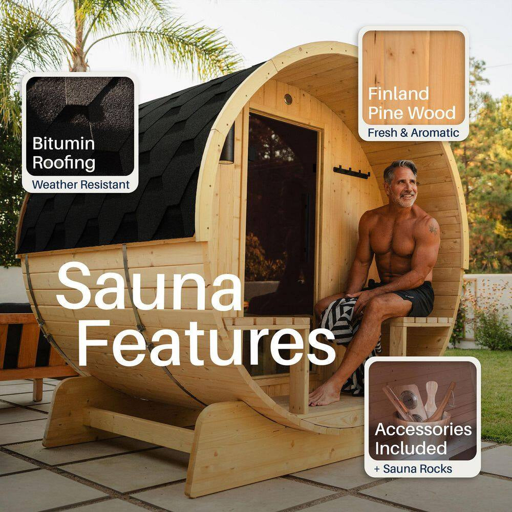 Outdoor Indoor Finland Pine Wet Dry Barrel Sauna 3-5 Person Front Porch Canopy 4.5 Kw ETL Certified Bitumen Shingle Roof