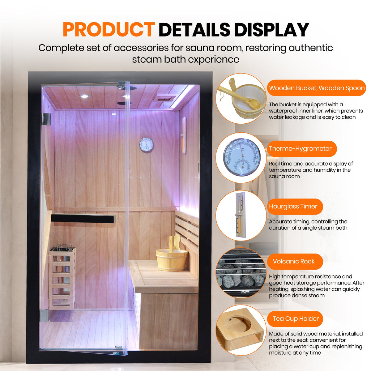 3000W Two-Person Traditional Indoor Sauna with Stove &amp; LED Lighting – African Oguman Wood
