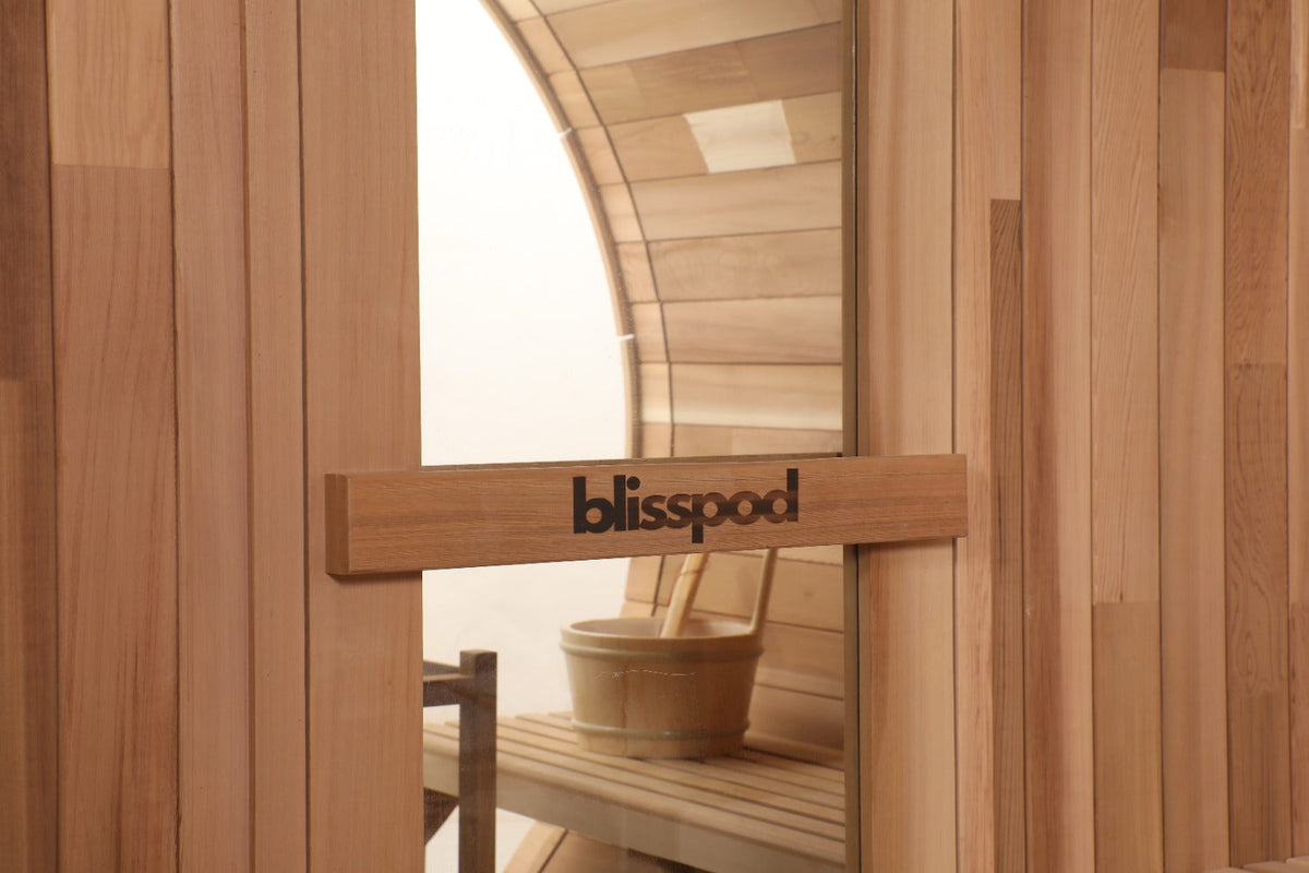 Blisspod Prague 4–6 Person Outdoor Cedar Barrel Sauna with Full Glass Back