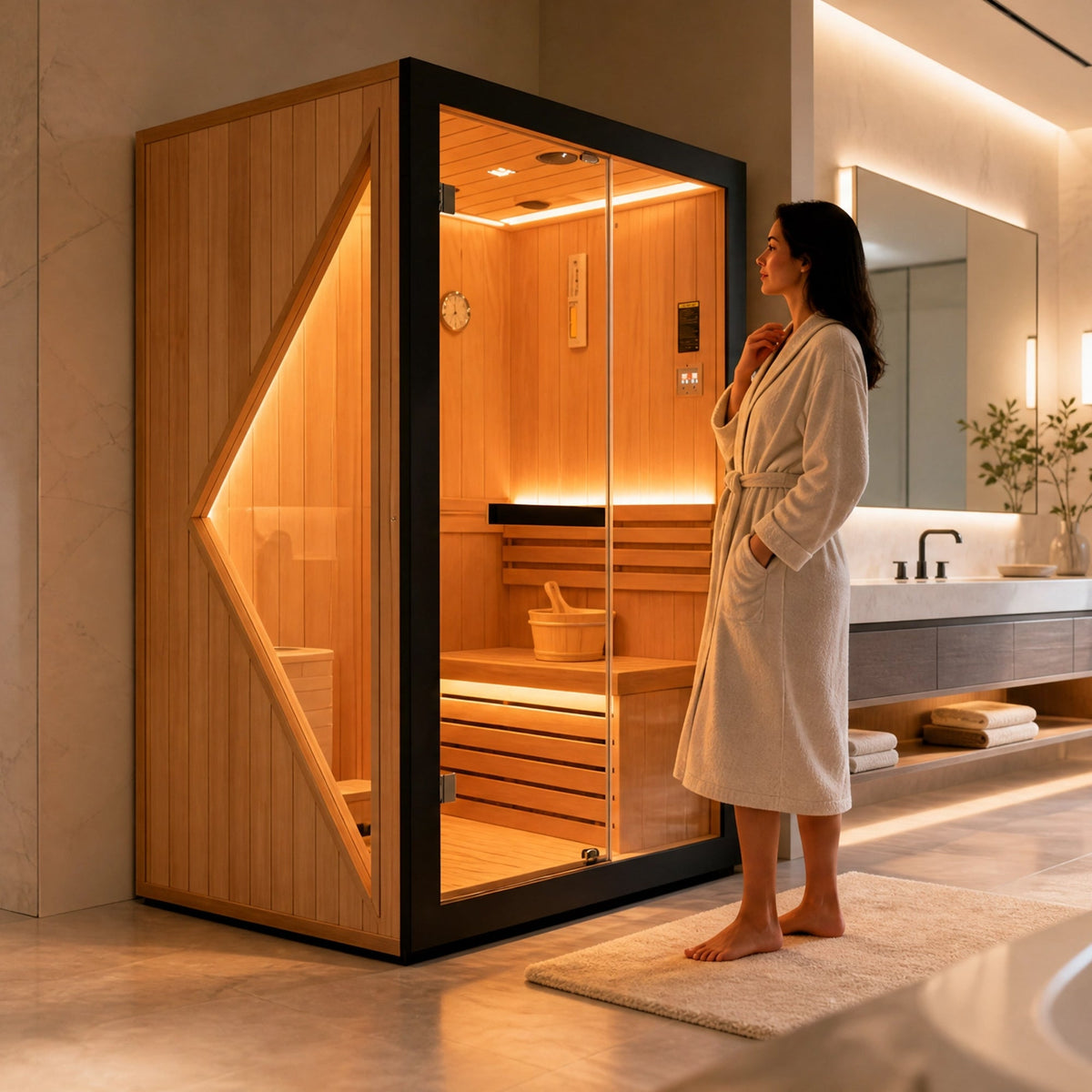 3000W Two-Person Traditional Indoor Sauna with Stove &amp; LED Lighting – African Oguman Wood