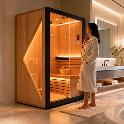 3000W Two-Person Traditional Indoor Sauna with Stove &amp; LED Lighting – African Oguman Wood