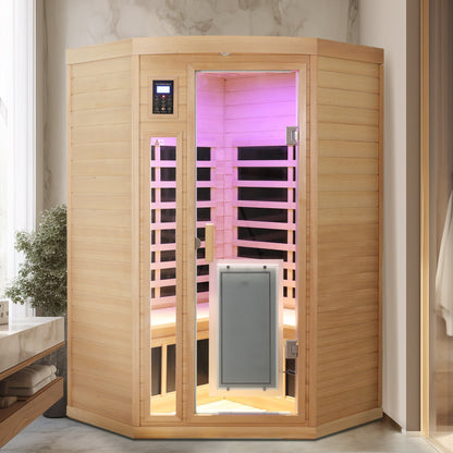 Two-Person Low EMF Far-Infrared Indoor Corner Sauna with Bluetooth – Natural Hemlock