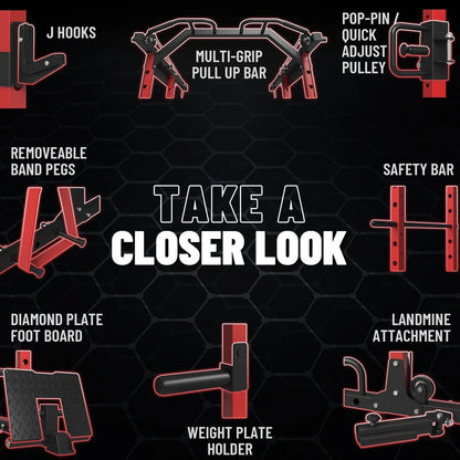 Power Rack Cage, 1500LBS Weight Cage with 800LB Capacity Adjustable Weight Bench, 1500LB Capacity Barbell and 340LB Colorful Weight Plate Set ( Red )